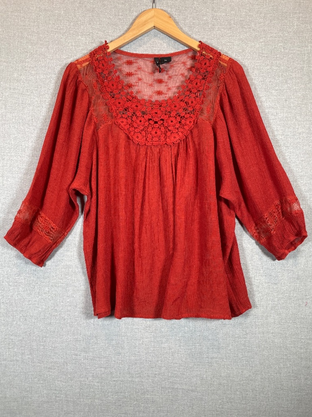 New Directions Rust Boho Gauze Lace Crochet Peasant Top Size XL